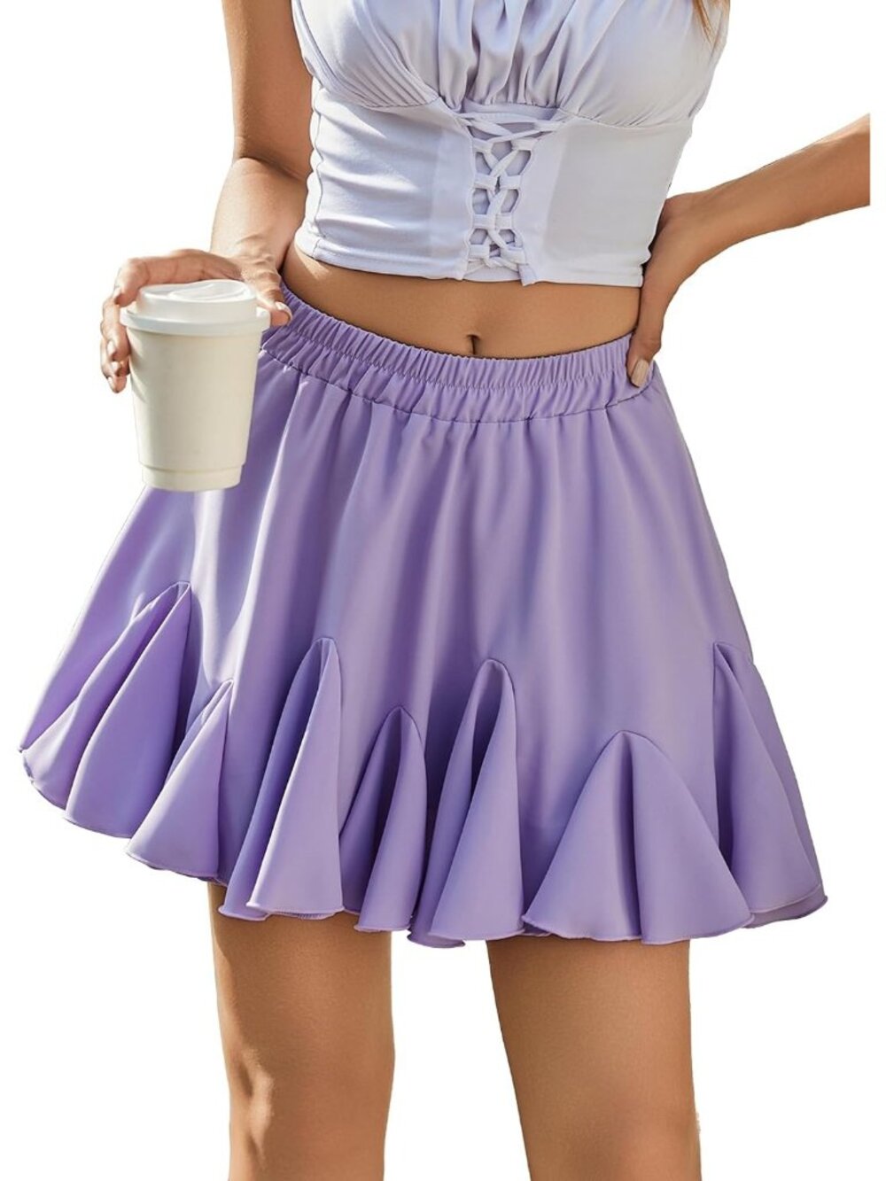 Women Lilac Polyester Pleated Flared Ruffle Elastic Waistband Mini Skater Skirt